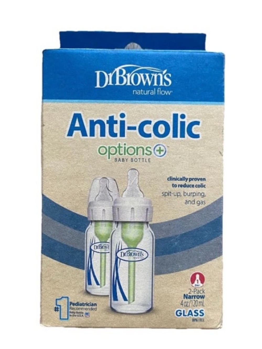 Dr. Brown's Anti-Colic Options+ Baby Bottle 4oz Glass - Blue/Green (2-Pack)
